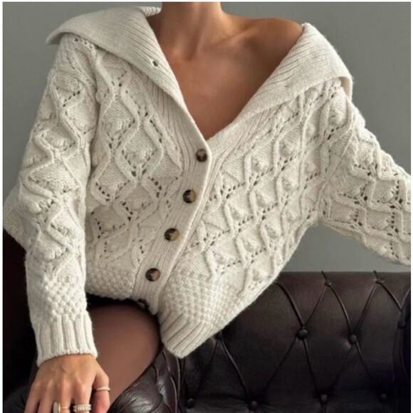 Zara Chunky Knit Sweater Button Front Cardigan Off White/Cream Womens Sz Medium - Picture 14 of 16